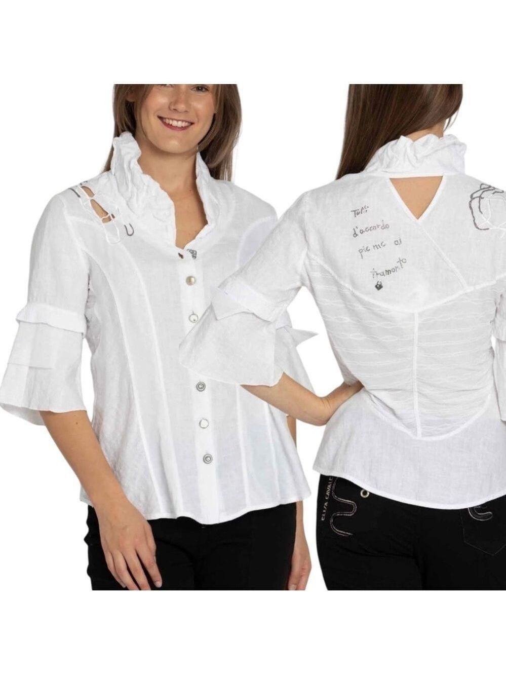 Elisa Cavaletti 100% Linen 3/4 Sleeve Button Front Blouse Shawl Collar Us Sz S